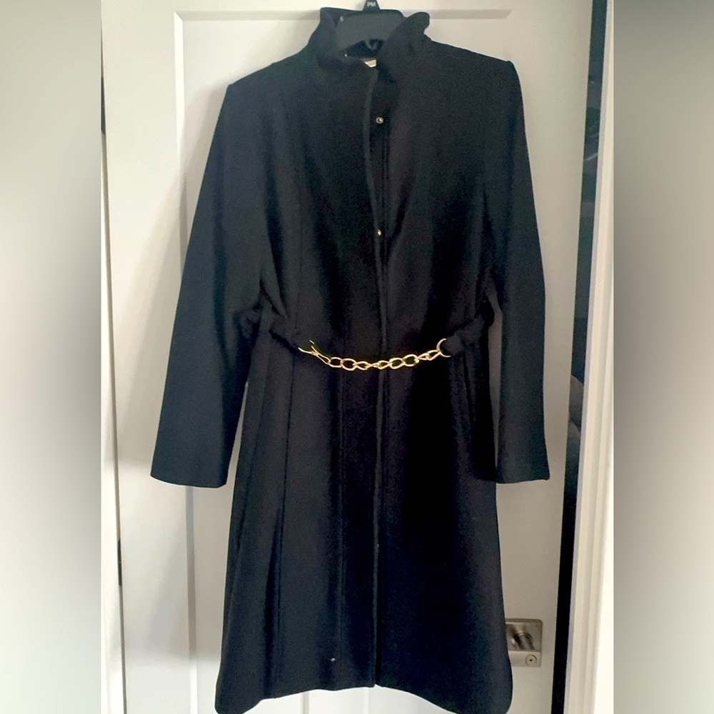 Vince Camuto - black wool coat with gold chain removable belt
